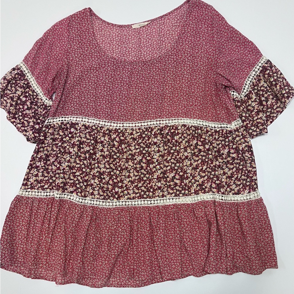 Easel Floral Babydoll Top Small Boho Cottagecore Tiered Peasant Blouse